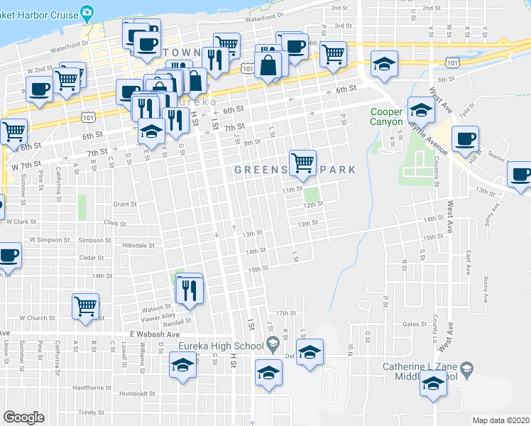 map of restaurants, bars, coffee shops, grocery stores, and more near 1140 K Street in Eureka