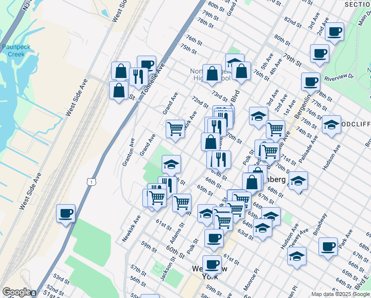 map of restaurants, bars, coffee shops, grocery stores, and more near 1214 67th Street in North Bergen