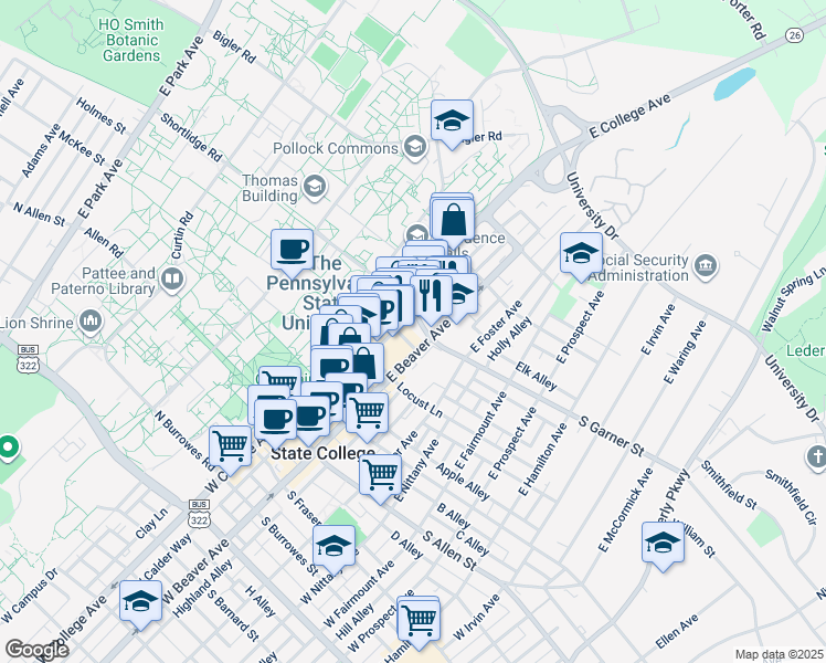 map of restaurants, bars, coffee shops, grocery stores, and more near 131 Hiester Street in State College