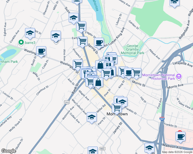 map of restaurants, bars, coffee shops, grocery stores, and more near 2 Morris Street in Morristown