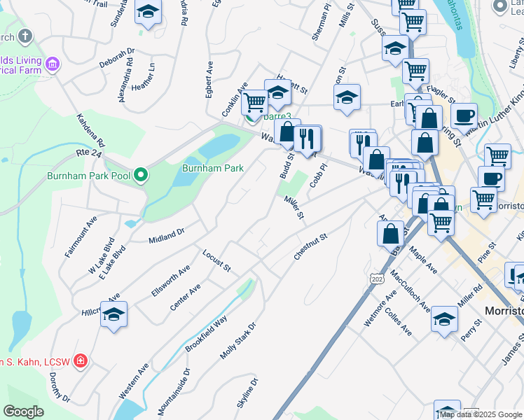 map of restaurants, bars, coffee shops, grocery stores, and more near 47 Budd Street in Morristown