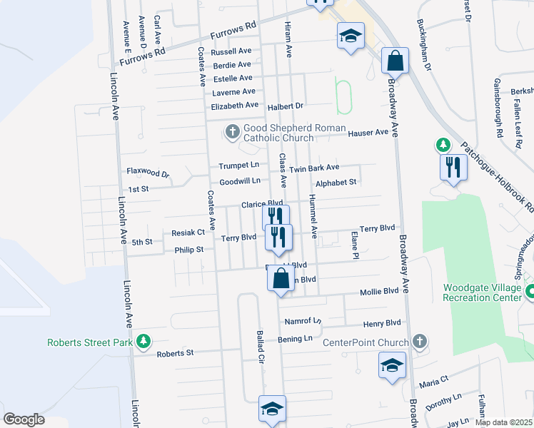 map of restaurants, bars, coffee shops, grocery stores, and more near 1274 Grundy Avenue in Holbrook