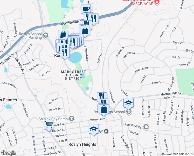 map of restaurants, bars, coffee shops, grocery stores, and more near 165 East Broadway in Roslyn
