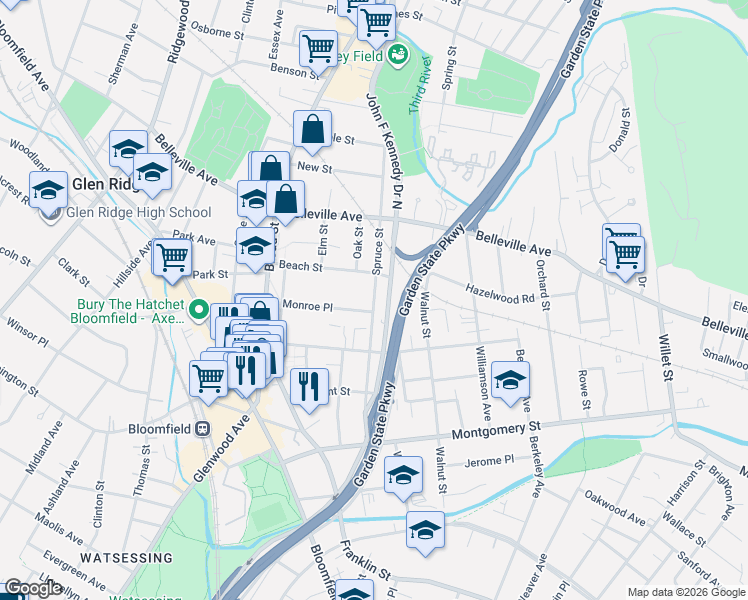 map of restaurants, bars, coffee shops, grocery stores, and more near 124 Spruce Street in Bloomfield