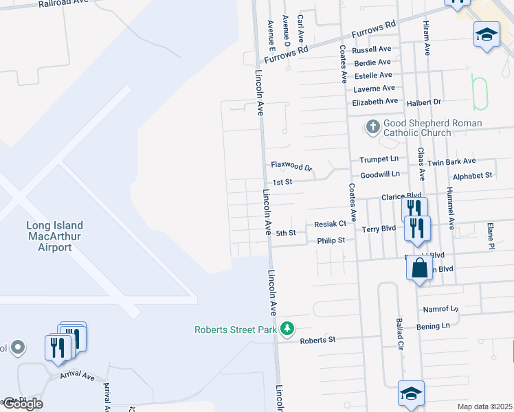 map of restaurants, bars, coffee shops, grocery stores, and more near 129 Cambridge Avenue in Holbrook