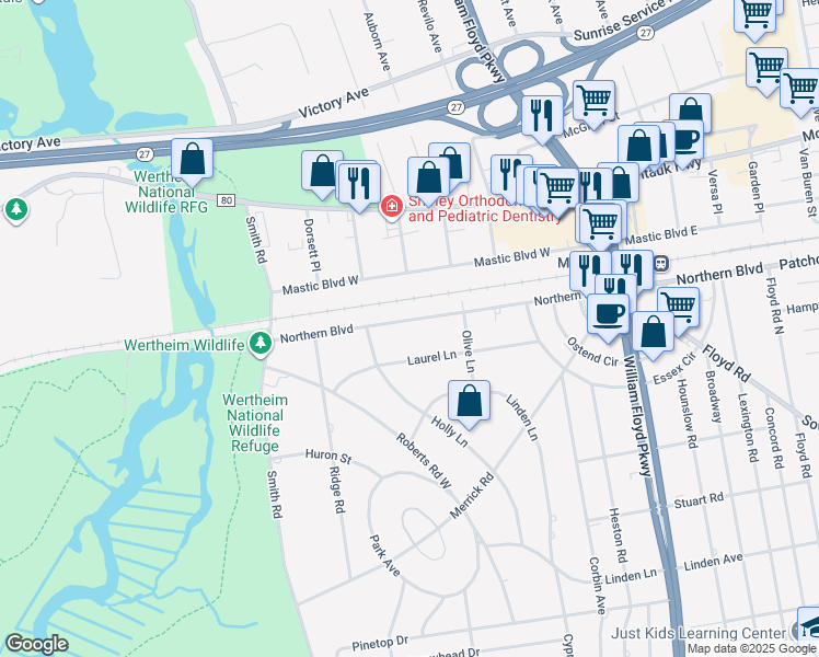 map of restaurants, bars, coffee shops, grocery stores, and more near 124 Northern Boulevard in Shirley
