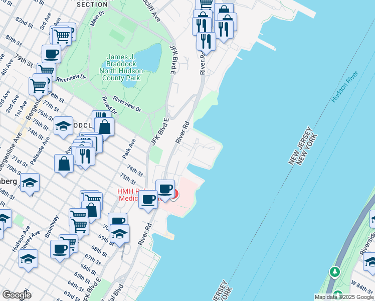 map of restaurants, bars, coffee shops, grocery stores, and more near 7912 River Road in North Bergen