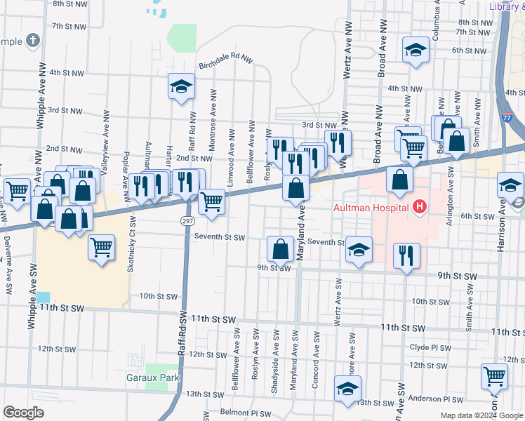map of restaurants, bars, coffee shops, grocery stores, and more near 3300 6th Street Southwest in Canton