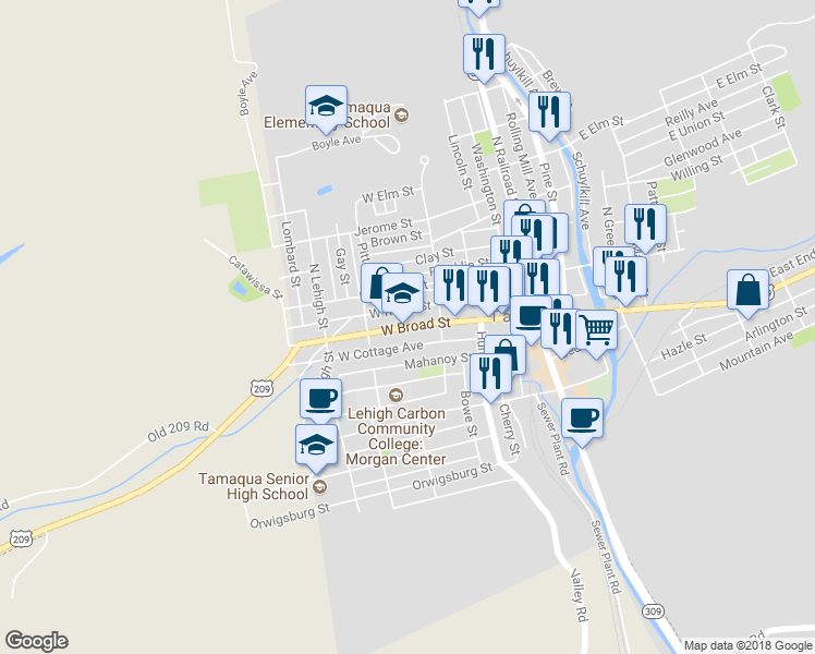 map of restaurants, bars, coffee shops, grocery stores, and more near 228 West Broad Street in Tamaqua
