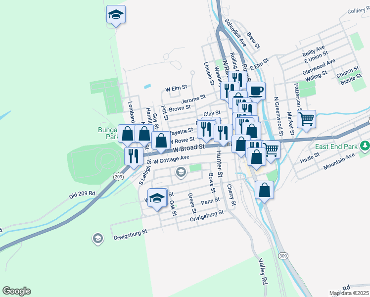 map of restaurants, bars, coffee shops, grocery stores, and more near West Broad Street in Tamaqua