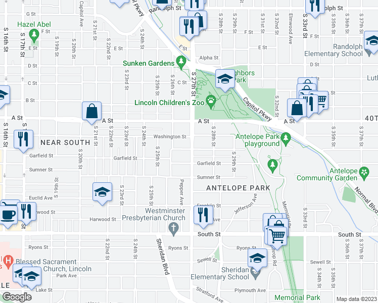 map of restaurants, bars, coffee shops, grocery stores, and more near 1601 South 27th Street in Lincoln