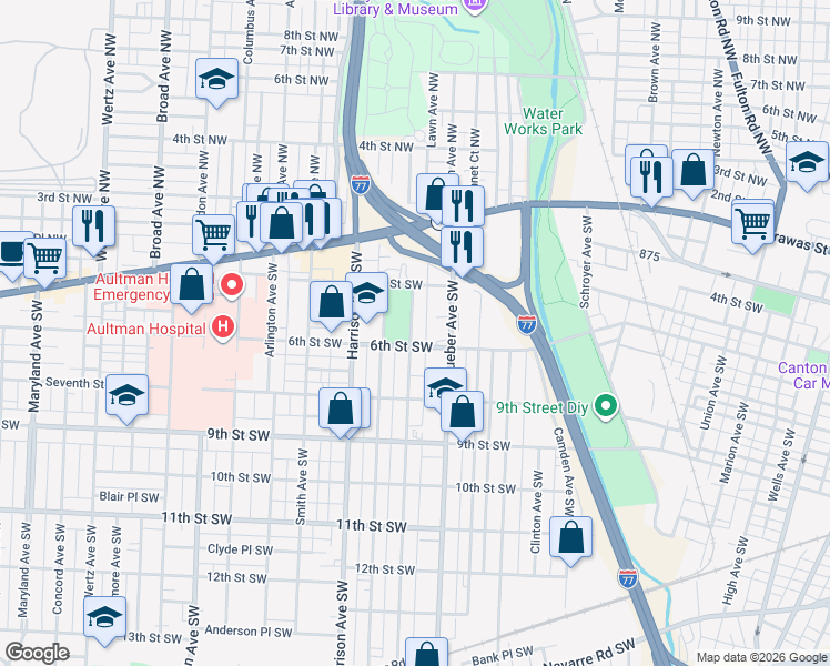 map of restaurants, bars, coffee shops, grocery stores, and more near 248 Park Avenue Southwest in Canton