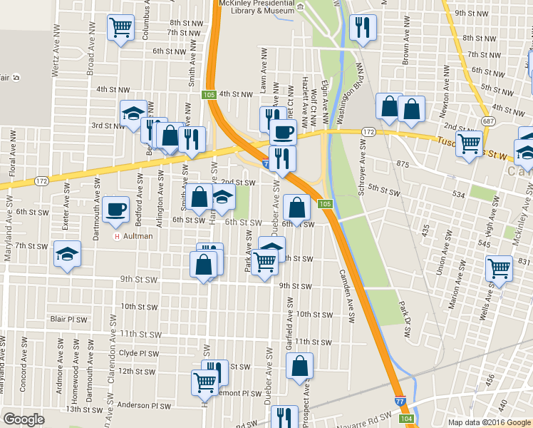 map of restaurants, bars, coffee shops, grocery stores, and more near 247 Dueber Avenue Southwest in Canton