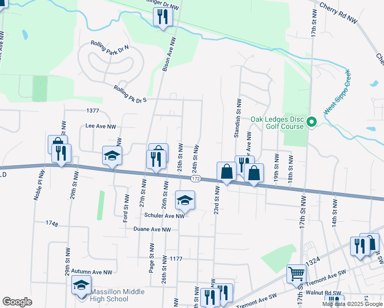 map of restaurants, bars, coffee shops, grocery stores, and more near 463 24th Street Northwest in Massillon