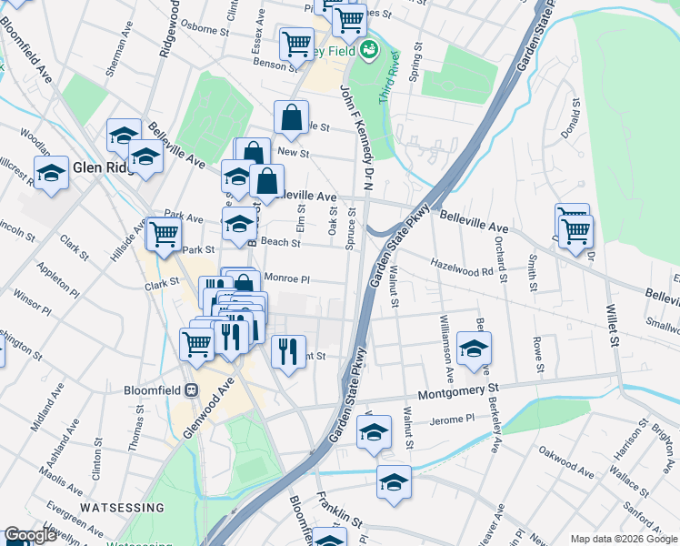 map of restaurants, bars, coffee shops, grocery stores, and more near 124 Spruce Street in Bloomfield
