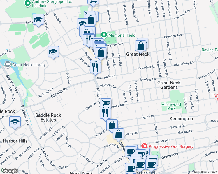 map of restaurants, bars, coffee shops, grocery stores, and more near 16 Wooleys Lane in Great Neck
