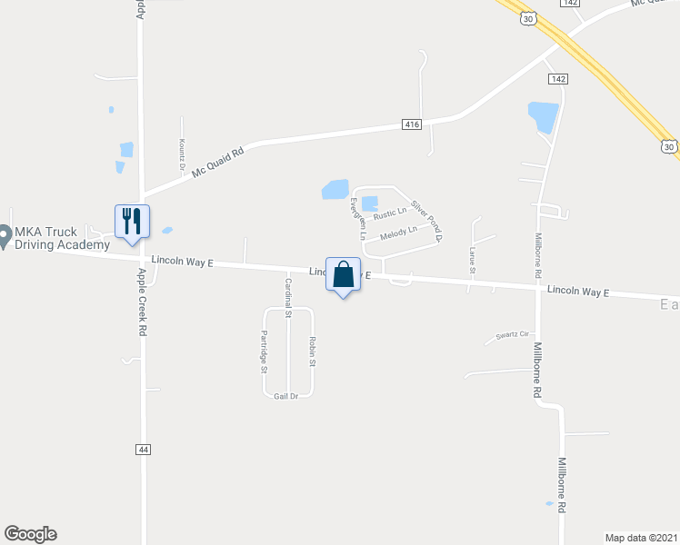 map of restaurants, bars, coffee shops, grocery stores, and more near Lincoln Way East in Apple Creek