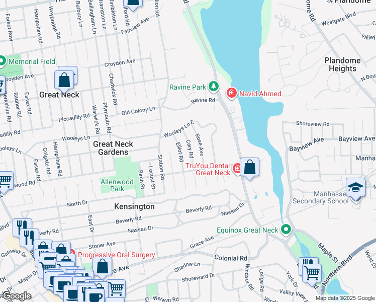 map of restaurants, bars, coffee shops, grocery stores, and more near 25 Cary Road in Great Neck