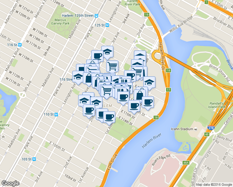 map of restaurants, bars, coffee shops, grocery stores, and more near 318 East 117th Street in New York