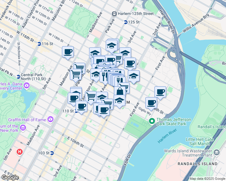 map of restaurants, bars, coffee shops, grocery stores, and more near 221 East 115th Street in New York