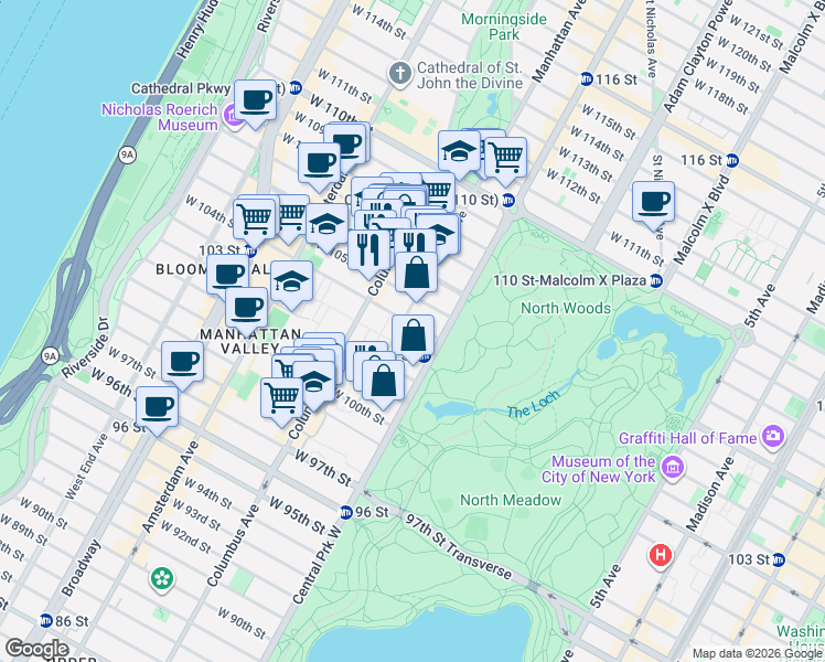 map of restaurants, bars, coffee shops, grocery stores, and more near 8 West 104th Street in New York