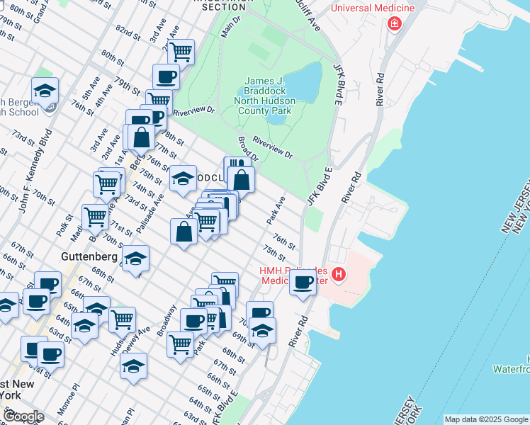 map of restaurants, bars, coffee shops, grocery stores, and more near 115 77th Street in North Bergen