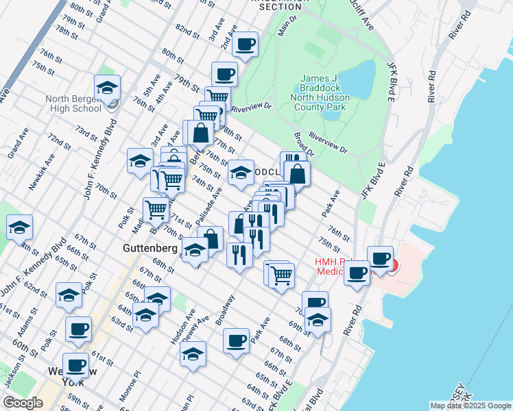 map of restaurants, bars, coffee shops, grocery stores, and more near 220 75th Street in North Bergen