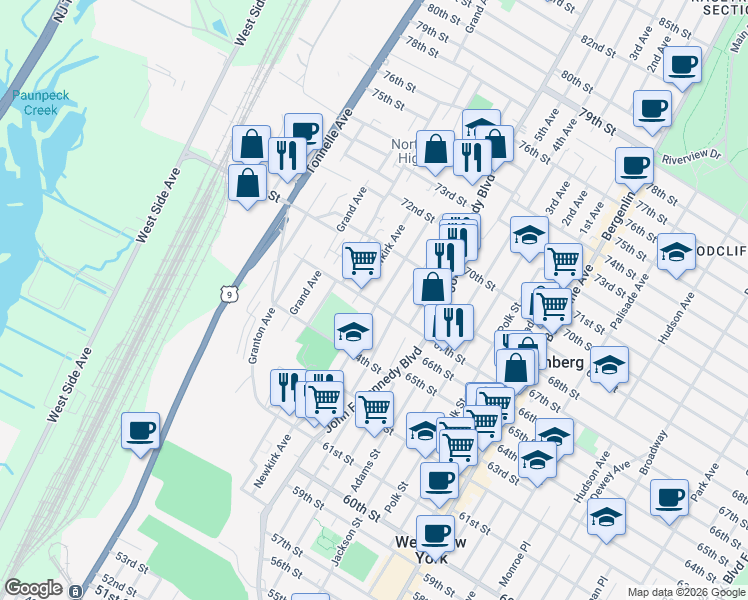 map of restaurants, bars, coffee shops, grocery stores, and more near 1309 67th Street in North Bergen