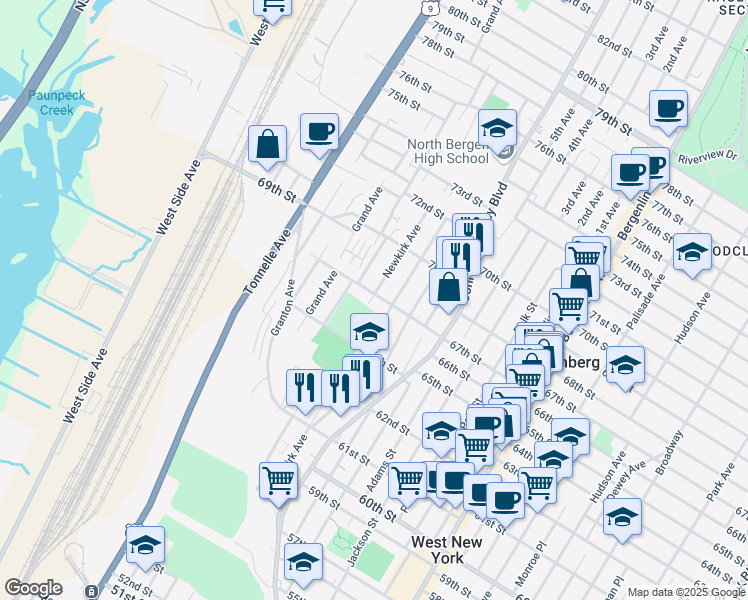 map of restaurants, bars, coffee shops, grocery stores, and more near 1309 67th Street in North Bergen