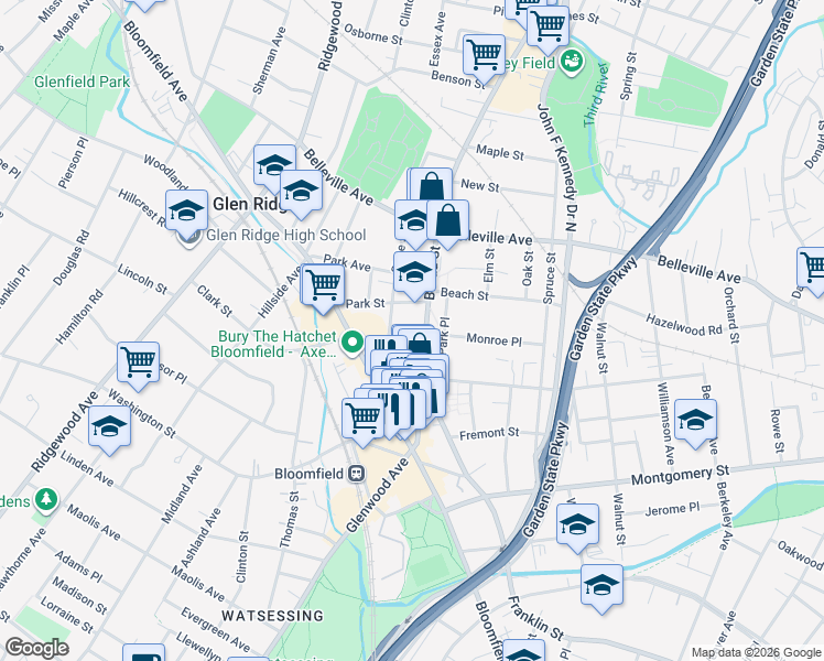 map of restaurants, bars, coffee shops, grocery stores, and more near 98 Broad Street in Bloomfield