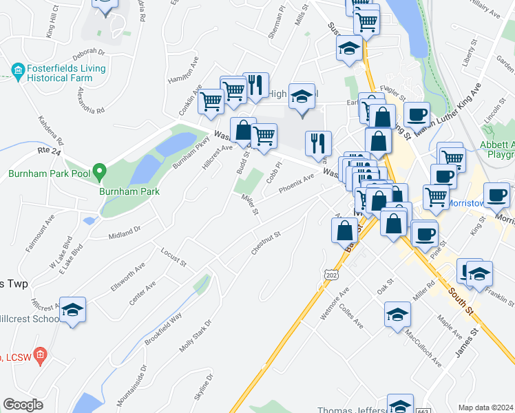 map of restaurants, bars, coffee shops, grocery stores, and more near 17 Miller Street in Morristown