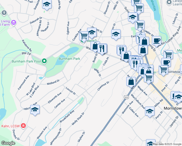 map of restaurants, bars, coffee shops, grocery stores, and more near 47 Budd Street in Morristown