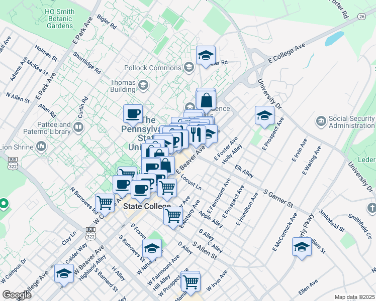 map of restaurants, bars, coffee shops, grocery stores, and more near 150 South Garner Street in State College