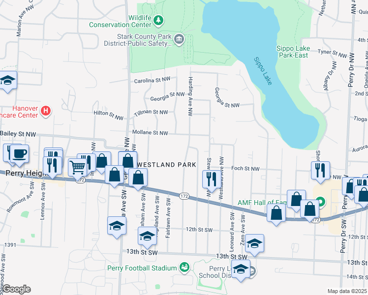 map of restaurants, bars, coffee shops, grocery stores, and more near 337 Harding Avenue Northwest in Massillon