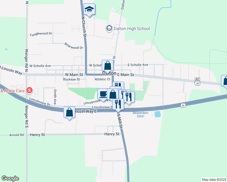 map of restaurants, bars, coffee shops, grocery stores, and more near 152 South Mill Street in Dalton