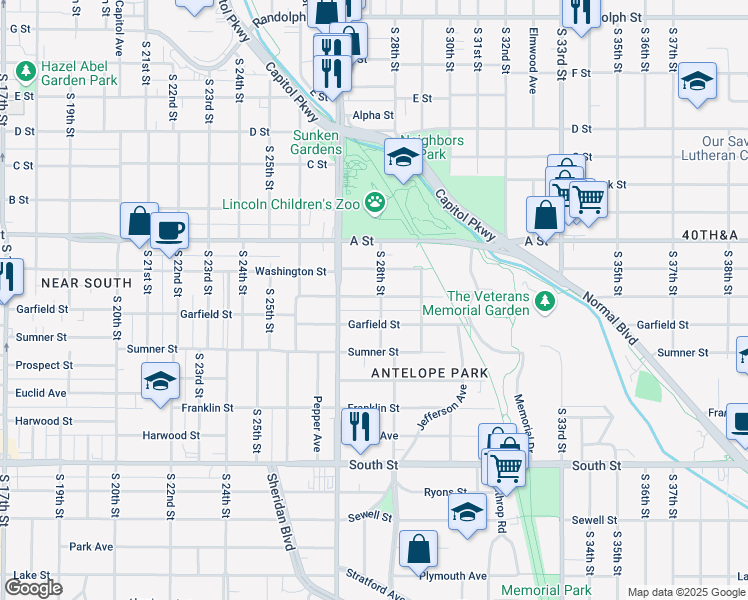 map of restaurants, bars, coffee shops, grocery stores, and more near 2763 Everett Street in Lincoln