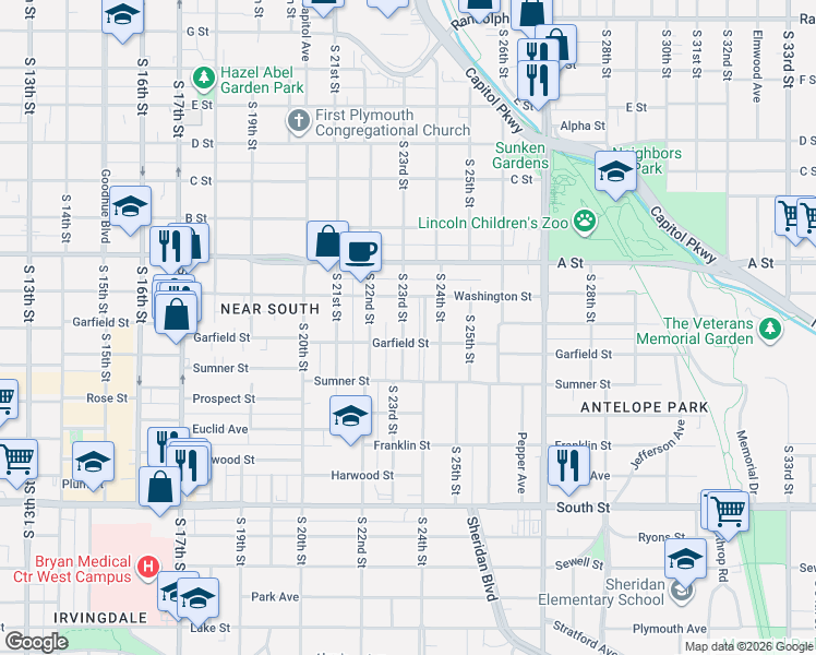 map of restaurants, bars, coffee shops, grocery stores, and more near in Lincoln