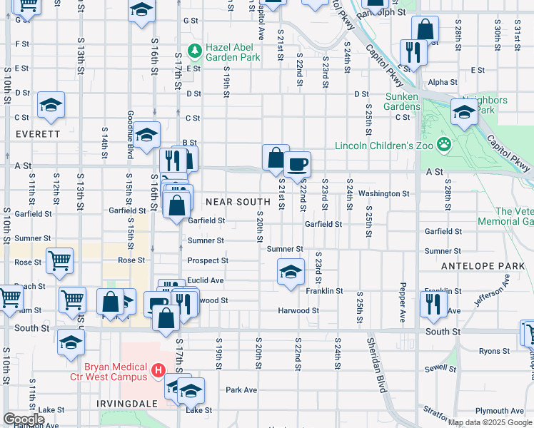 map of restaurants, bars, coffee shops, grocery stores, and more near 1544 South 20th Street in Lincoln