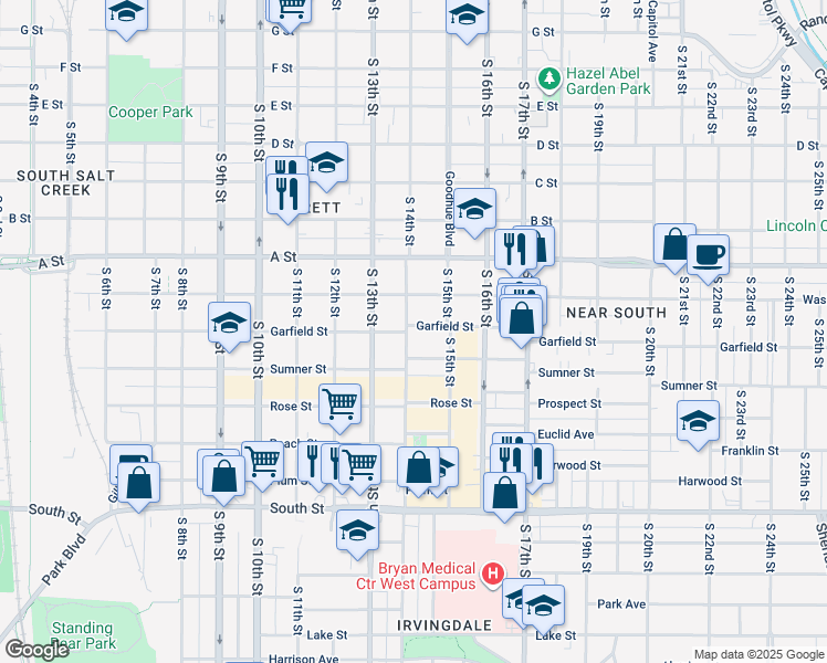 map of restaurants, bars, coffee shops, grocery stores, and more near 1425 Garfield Street in Lincoln