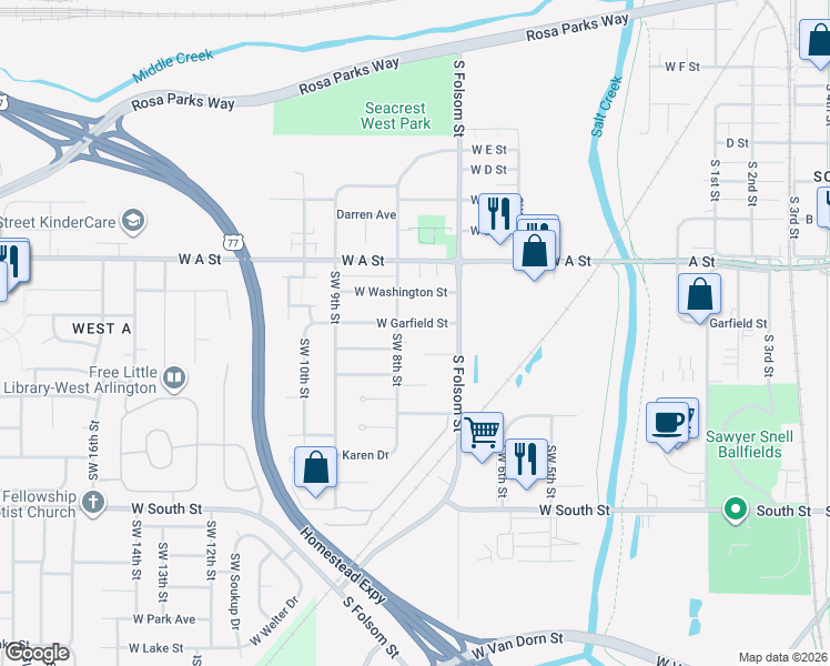 map of restaurants, bars, coffee shops, grocery stores, and more near 741 West Garfield Street in Lincoln