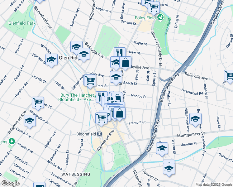 map of restaurants, bars, coffee shops, grocery stores, and more near 98 Broad Street in Bloomfield
