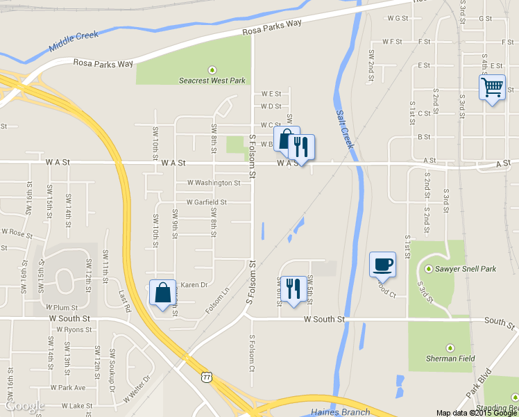 map of restaurants, bars, coffee shops, grocery stores, and more near 1610 South Folsom Street in Lincoln