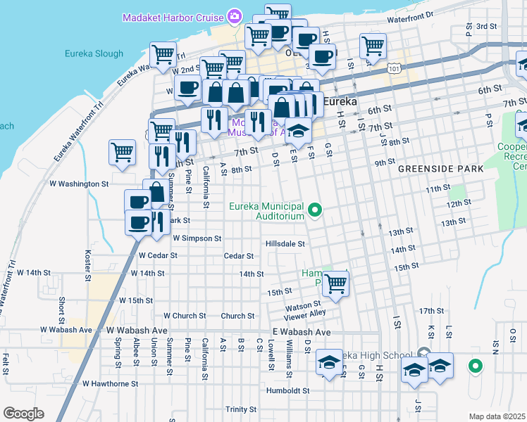 map of restaurants, bars, coffee shops, grocery stores, and more near 1017 C Street in Eureka