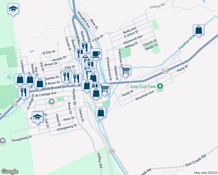 map of restaurants, bars, coffee shops, grocery stores, and more near 249 Cedar Street in Tamaqua