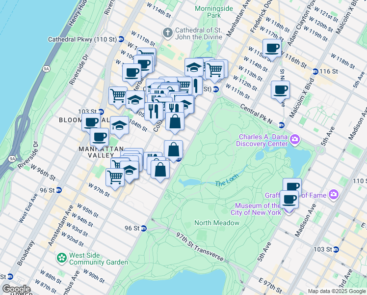 map of restaurants, bars, coffee shops, grocery stores, and more near 444 Central Park West in New York