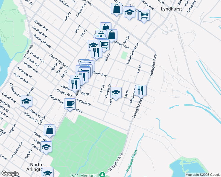 map of restaurants, bars, coffee shops, grocery stores, and more near 32 Hoover Street in North Arlington