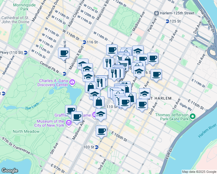 map of restaurants, bars, coffee shops, grocery stores, and more near 60 East 112th Street in New York
