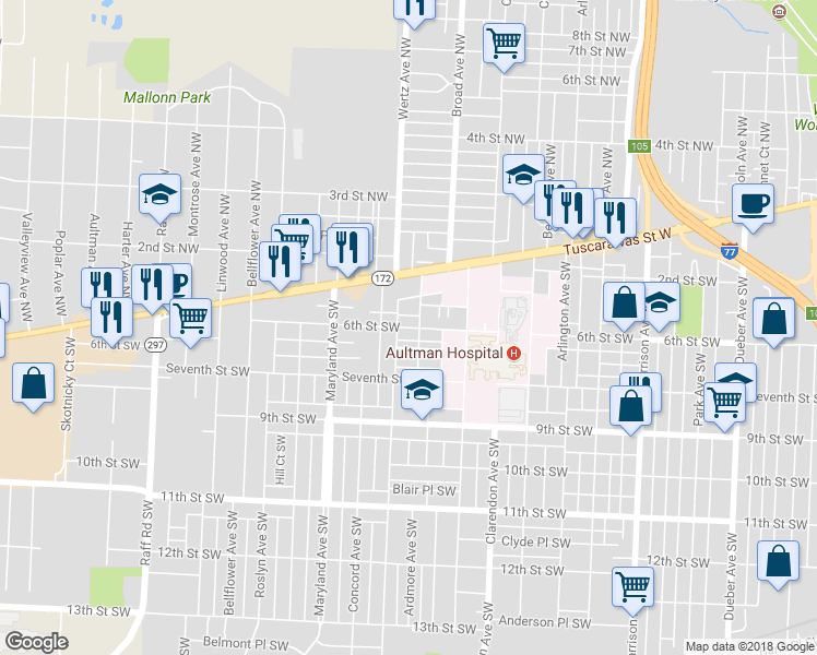 map of restaurants, bars, coffee shops, grocery stores, and more near 2912 6th Street Southwest in Canton
