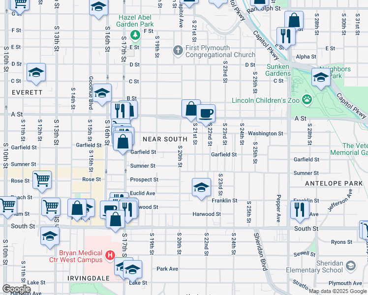 map of restaurants, bars, coffee shops, grocery stores, and more near 1544 South 20th Street in Lincoln