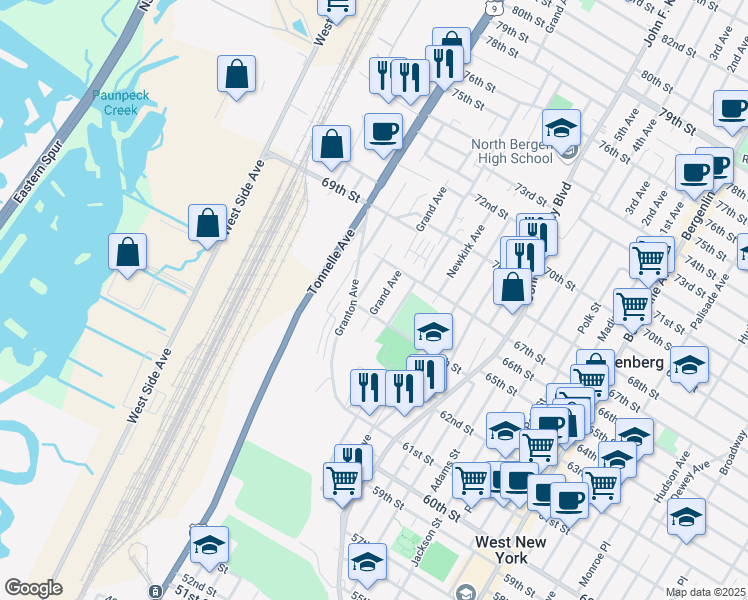 map of restaurants, bars, coffee shops, grocery stores, and more near 6411 Grand Ave in North Bergen